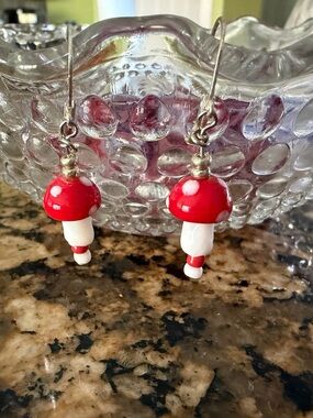 Handmade by me! Red & White glass bead Mushroom Drop Earrings 🍄